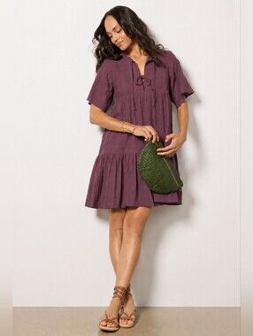 Love, Tomas 100% Organic Cotton Textured Tie-Front Babydoll Tiered Dress in Plum